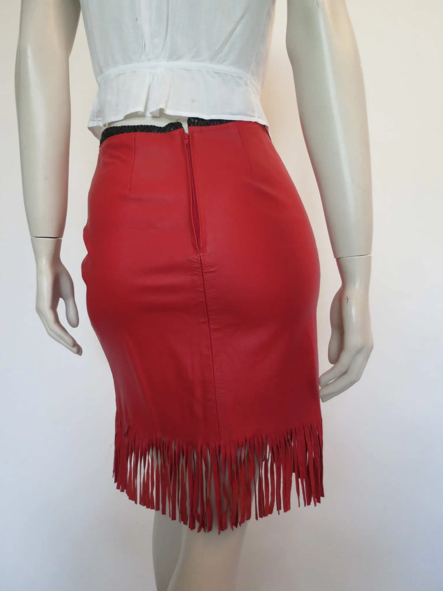 Fringed Red Leather Mini Skirt by Third Millennium - Small