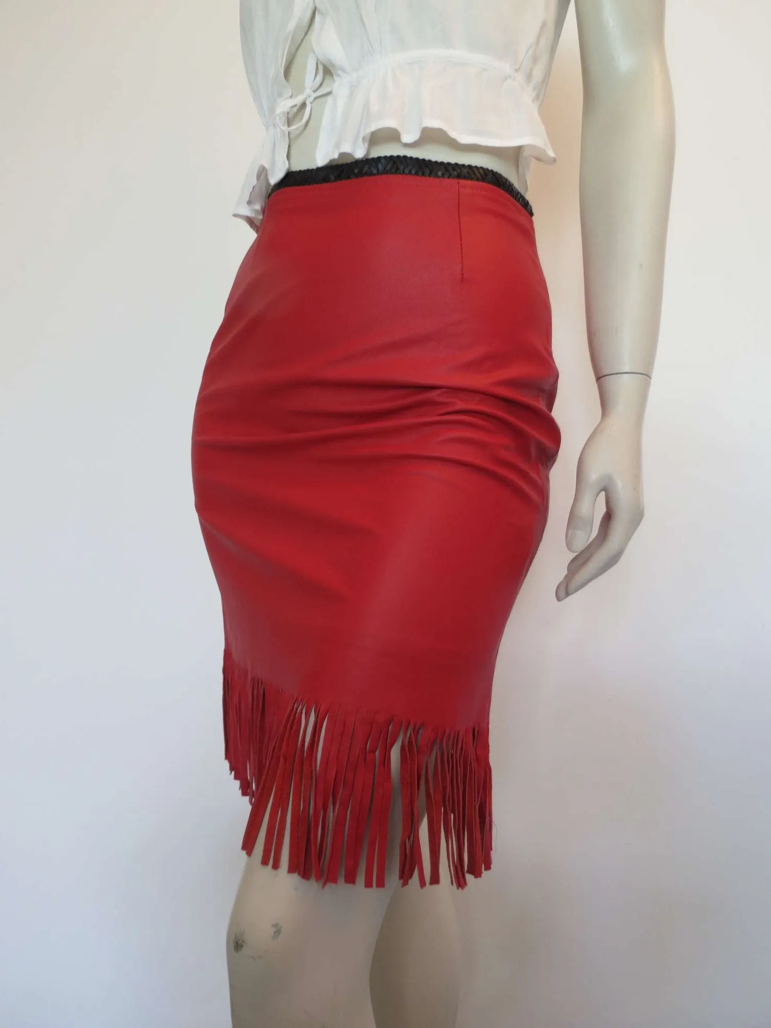 Fringed Red Leather Mini Skirt by Third Millennium - Small