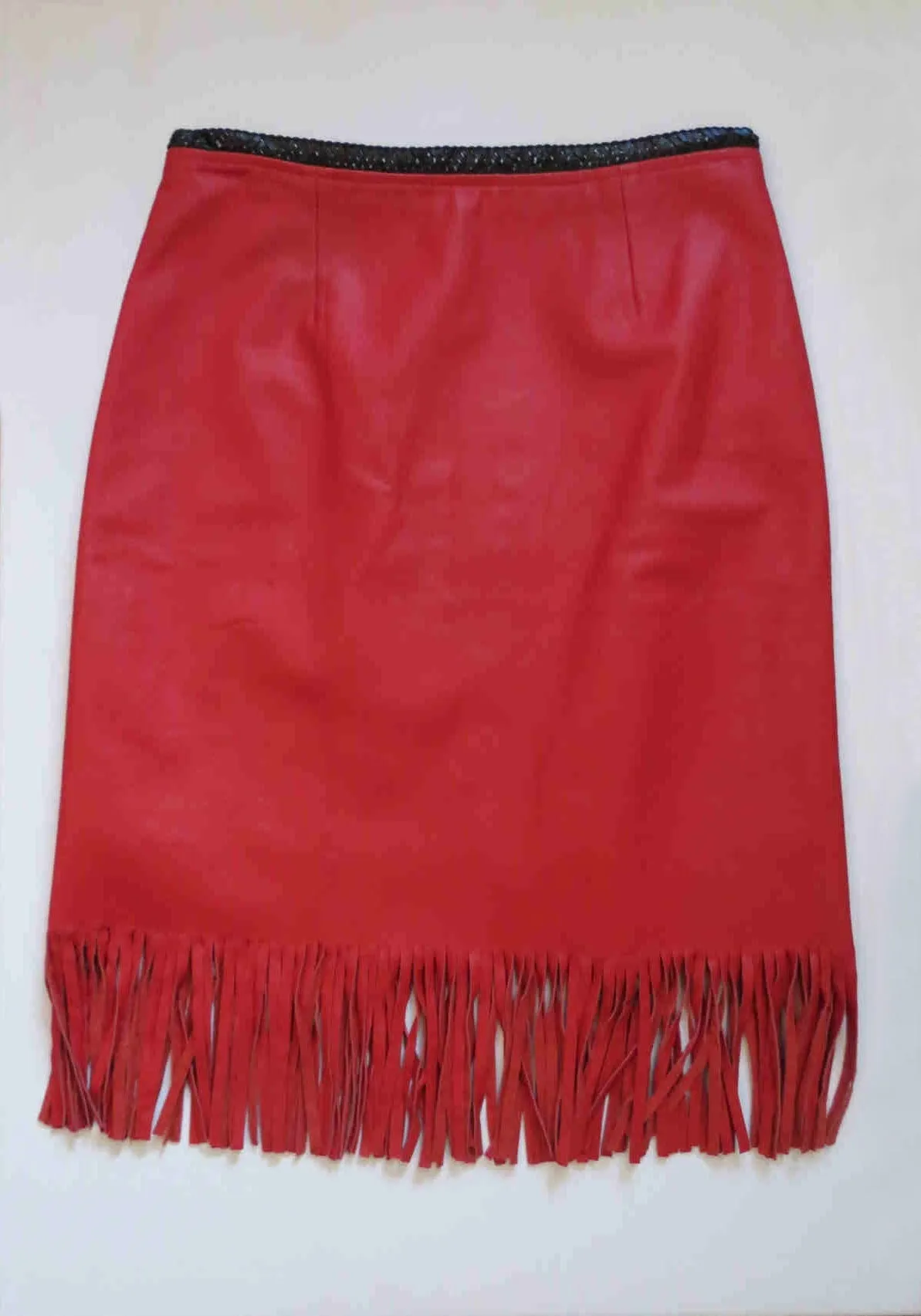 Fringed Red Leather Mini Skirt by Third Millennium - Small