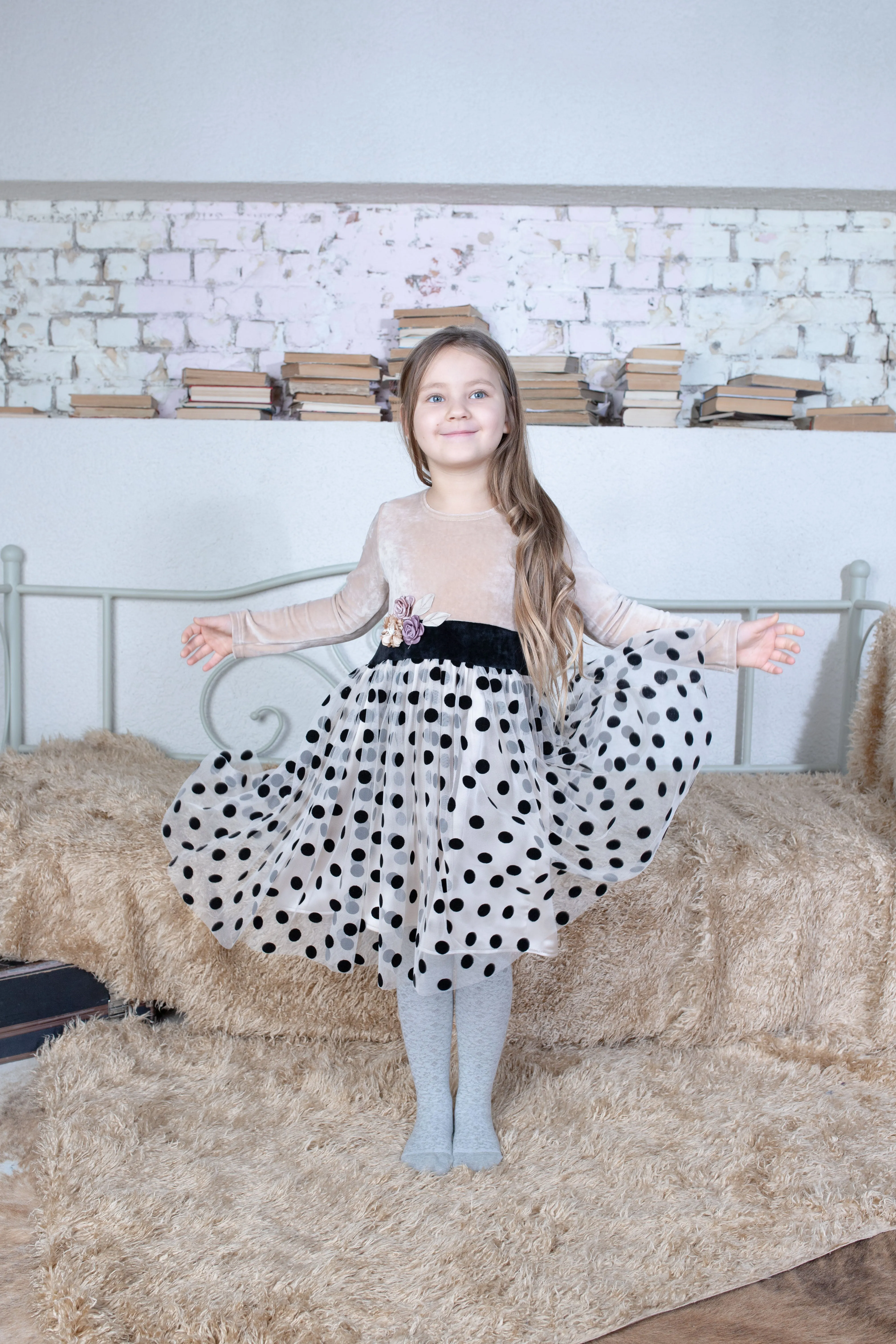 Girls Velvet/Tulle Polka Dot Dress