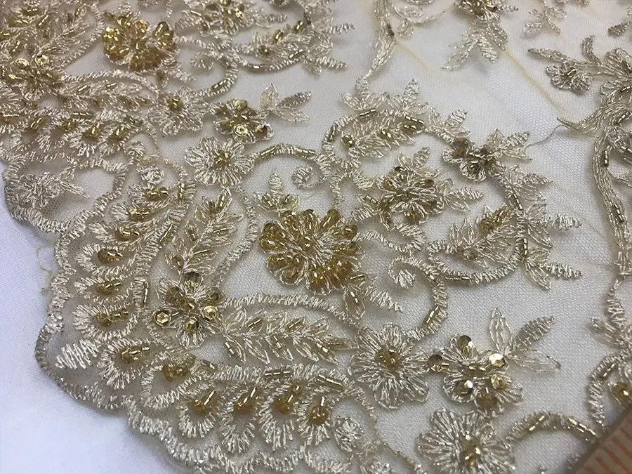 Gold New Design Embroidered Bridal Beaded Mesh Lace Fabric