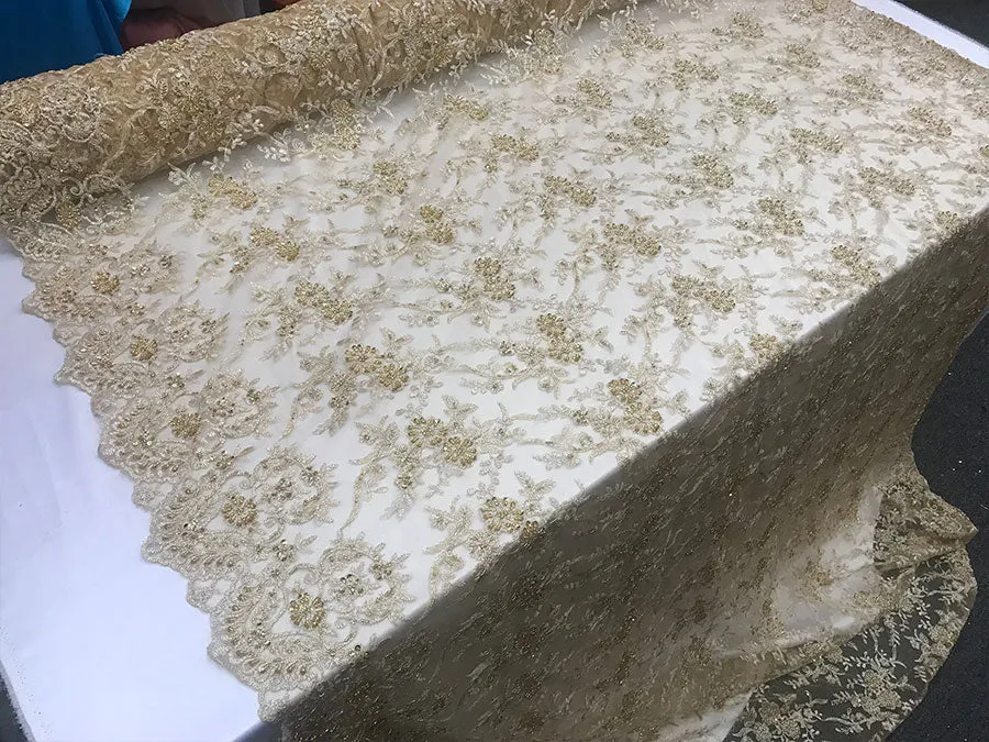 Gold New Design Embroidered Bridal Beaded Mesh Lace Fabric