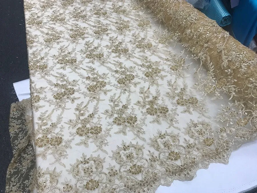 Gold New Design Embroidered Bridal Beaded Mesh Lace Fabric