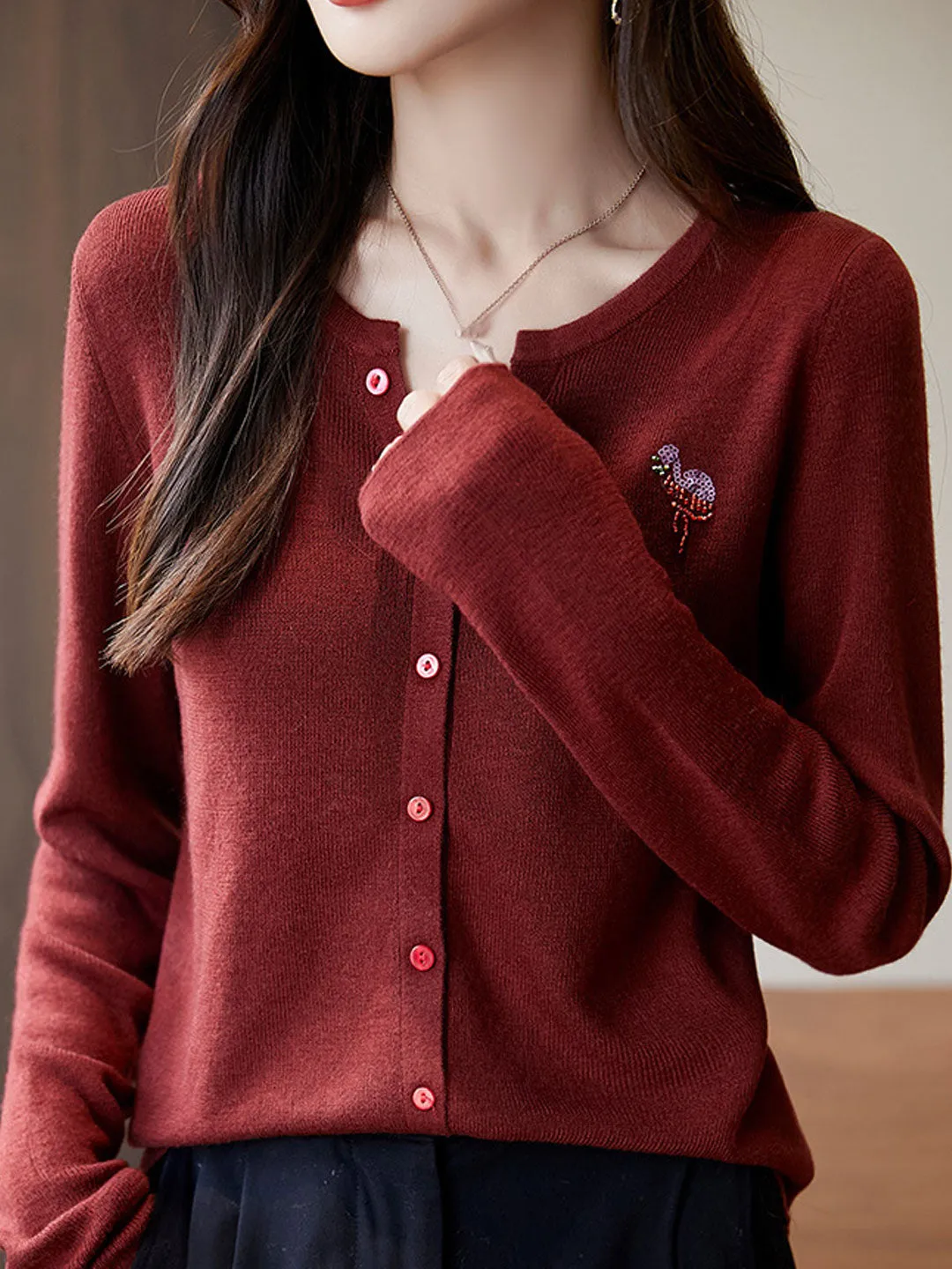 Grace Loose V-Neck Embroidered Knitted Cardigan