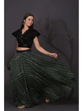 Green Printed Skirt With Black Tie-Top