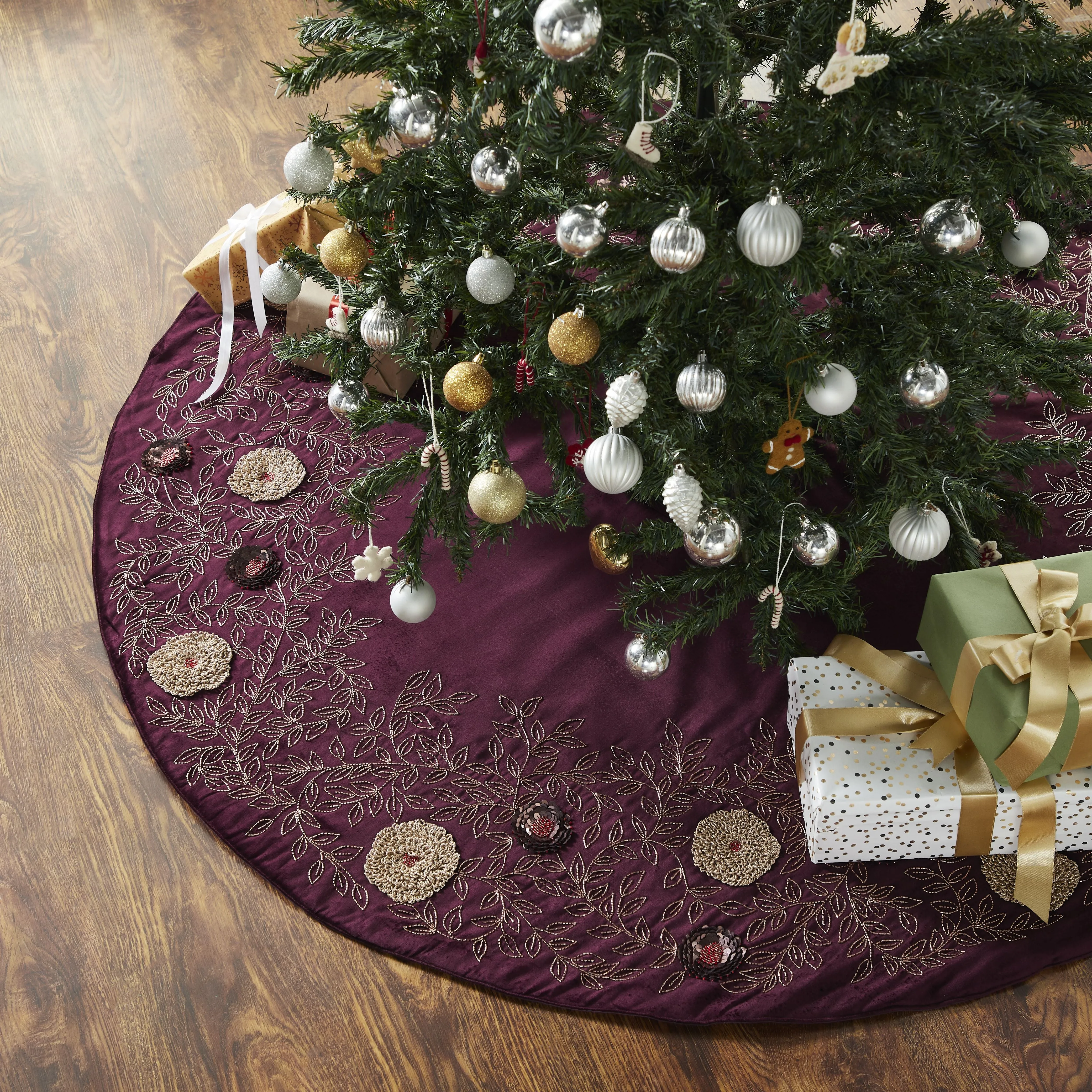 Hand Beaded Floral Christmas Tree Skirt on Wine Velvet - 60"