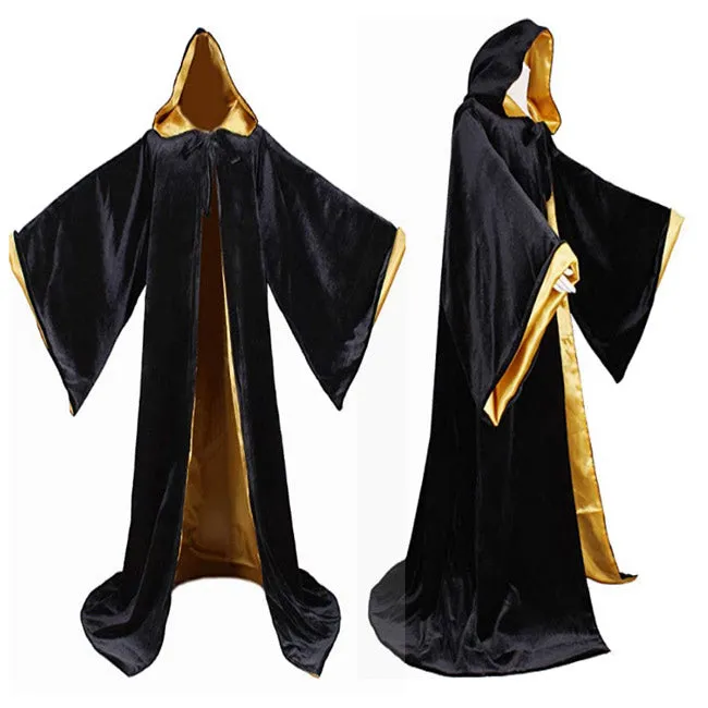 High Quality Black velvet with Gold Satin Lining Hooded Sorcerer Robe