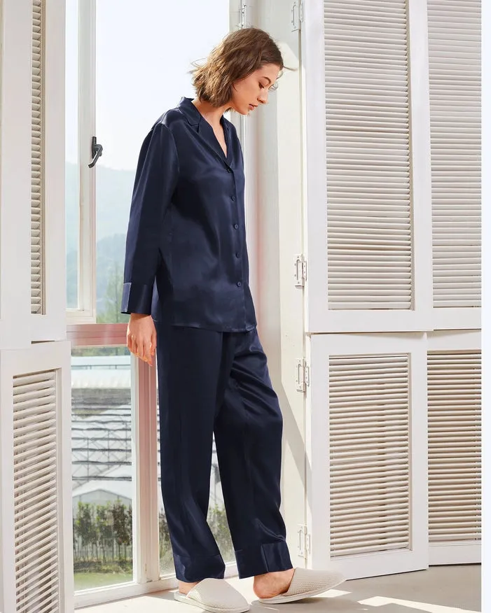 His & Hers Classic Silk Pajamas Navy Blue