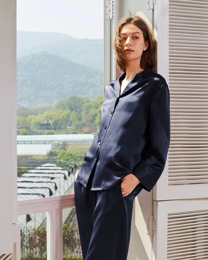 His & Hers Classic Silk Pajamas Navy Blue