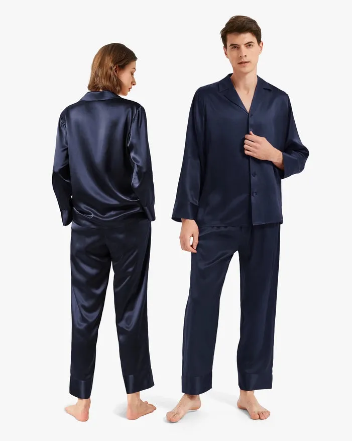 His & Hers Classic Silk Pajamas Navy Blue