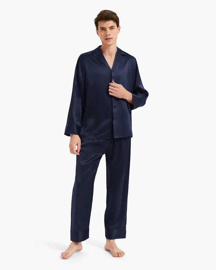 His & Hers Classic Silk Pajamas Navy Blue