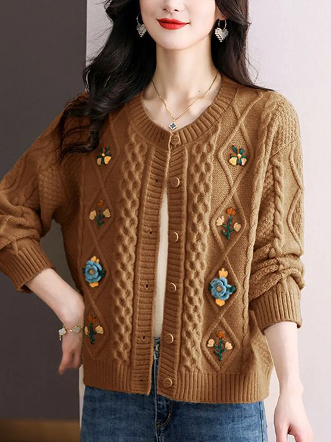 Jocelyn Retro Crew Neck Embroidered Knitted Cardigan