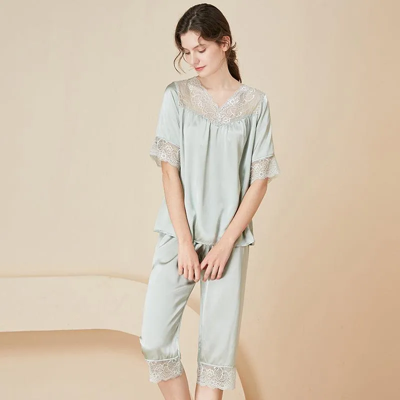 Ladies Elegant  Silk Pajamas Set Sexy Lace Short Sleeves Silk Sleepwear