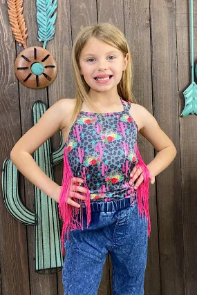 Leopard & cactus printed girl tank top w/fringe tassels DLH1215-03