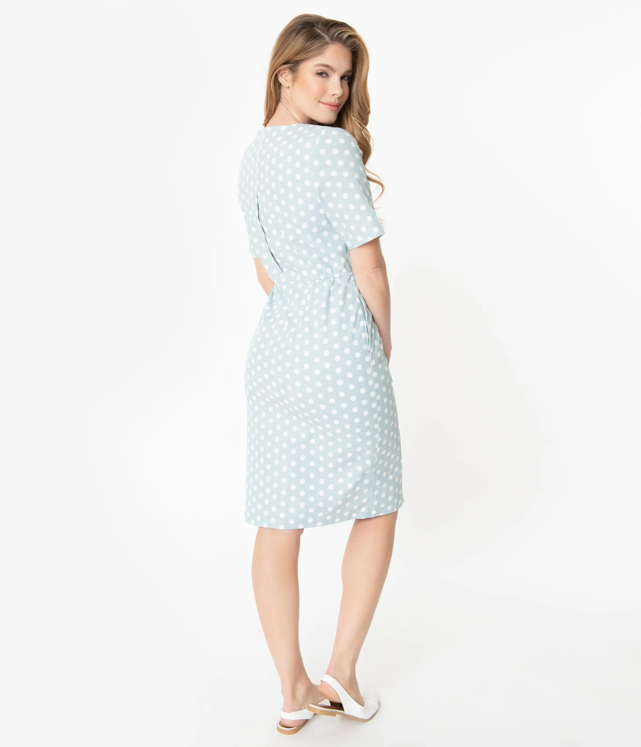 Light Blue & White Polka Dot Short Sleeve Button Up Dress