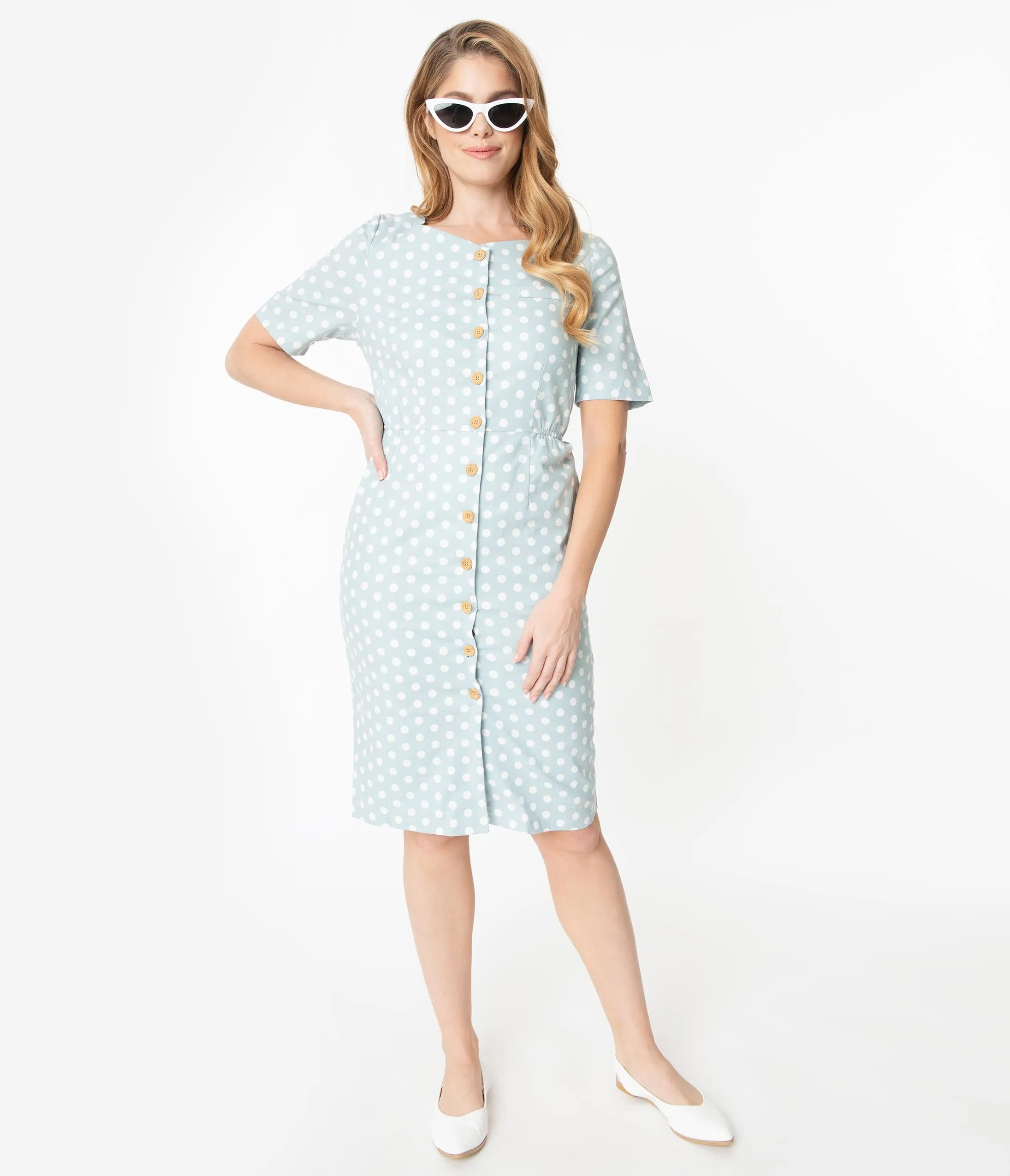 Light Blue & White Polka Dot Short Sleeve Button Up Dress