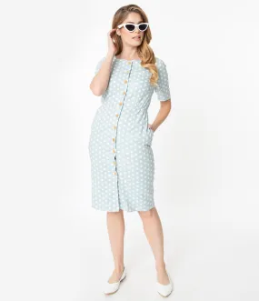 Light Blue & White Polka Dot Short Sleeve Button Up Dress