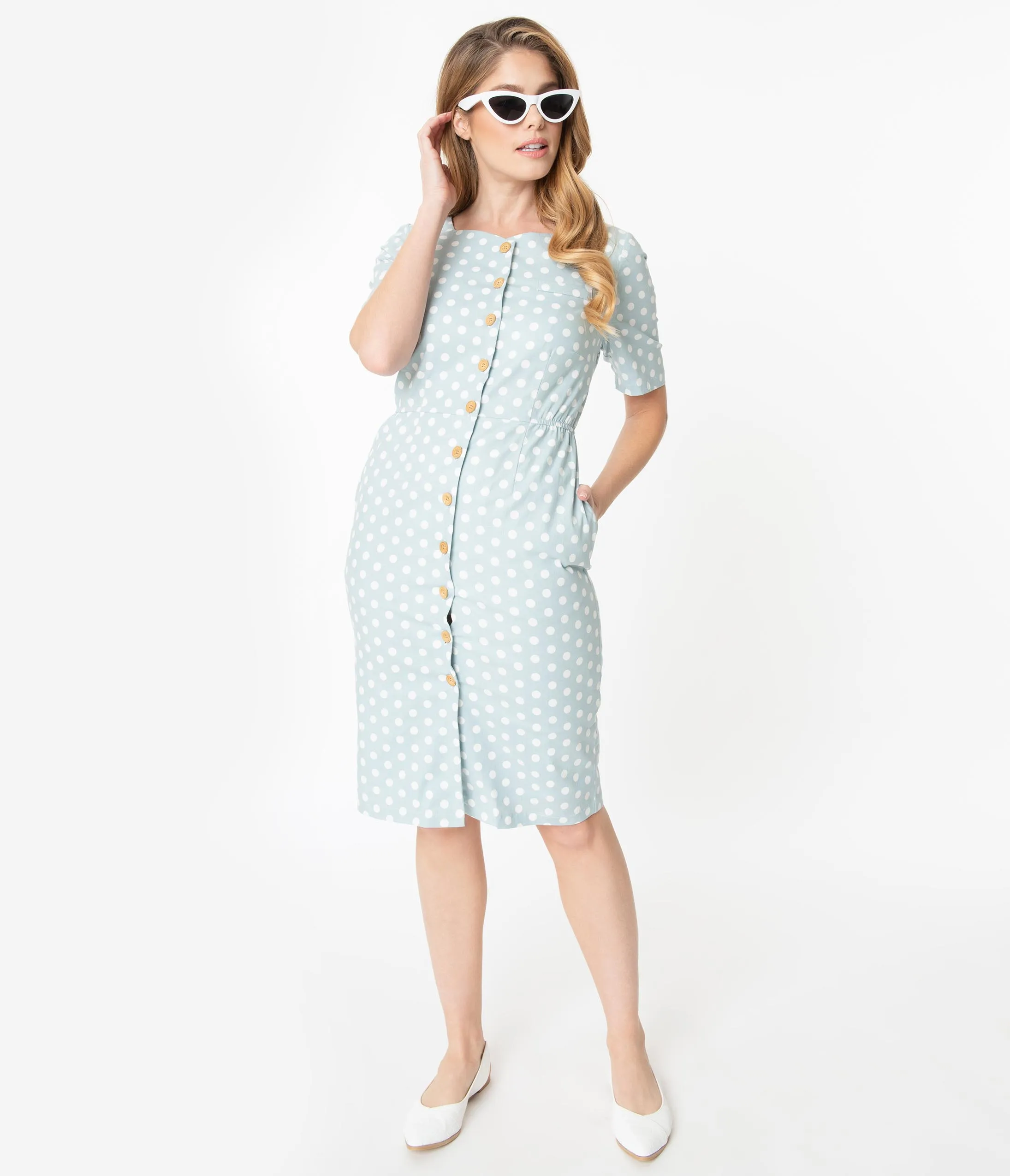 Light Blue & White Polka Dot Short Sleeve Button Up Dress