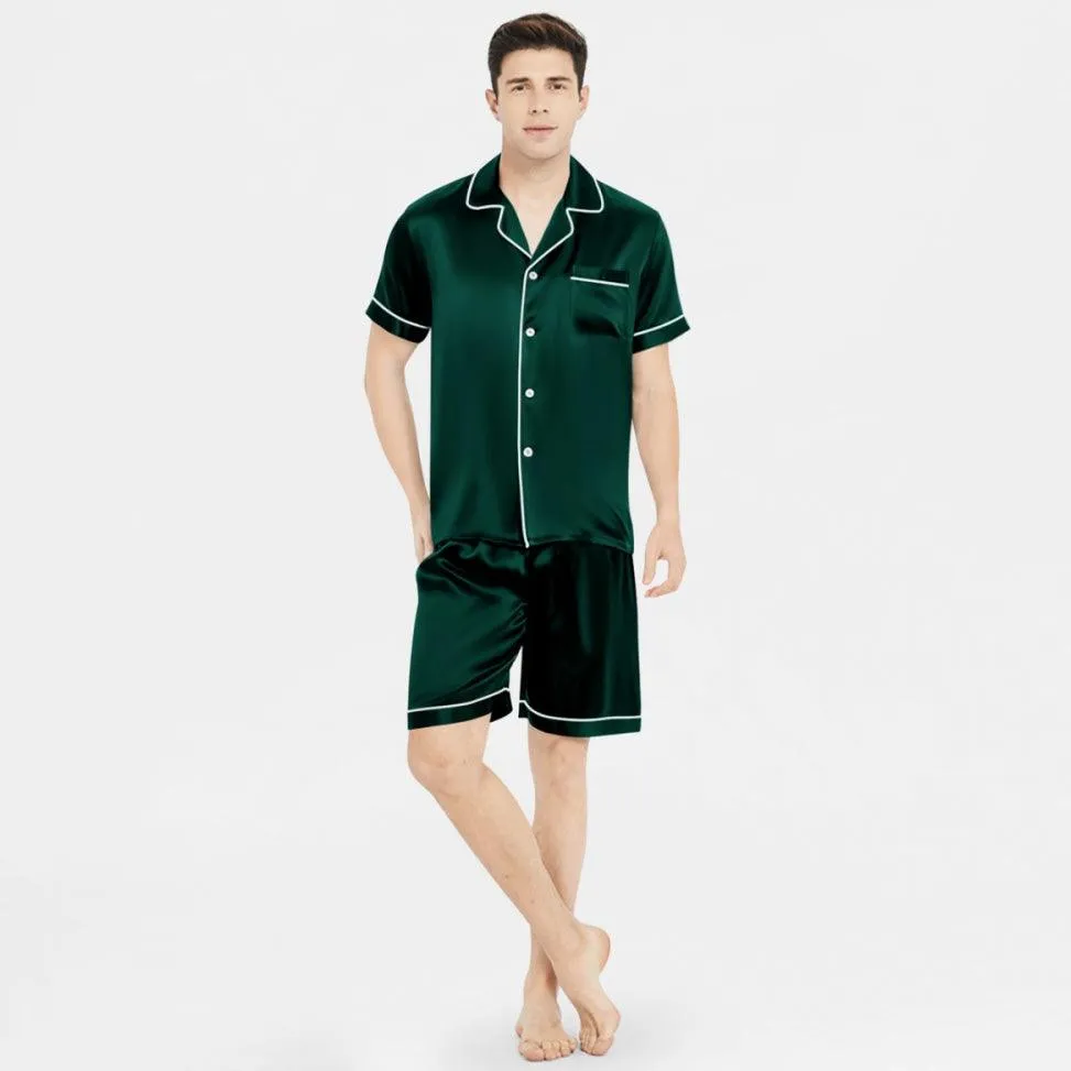 Men's 100% Silk Short Sleeve Pajamas Set Luxury Short Silk Sleepwear