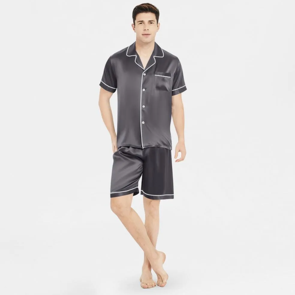 Men's 100% Silk Short Sleeve Pajamas Set Luxury Short Silk Sleepwear