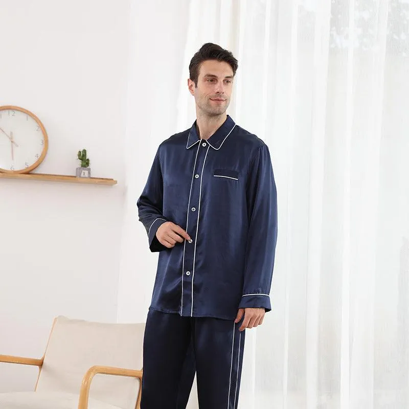 Mens Luxury Silk Pajamas Set Long Sleeves With White Piping Silk Nightwear Sleepwear