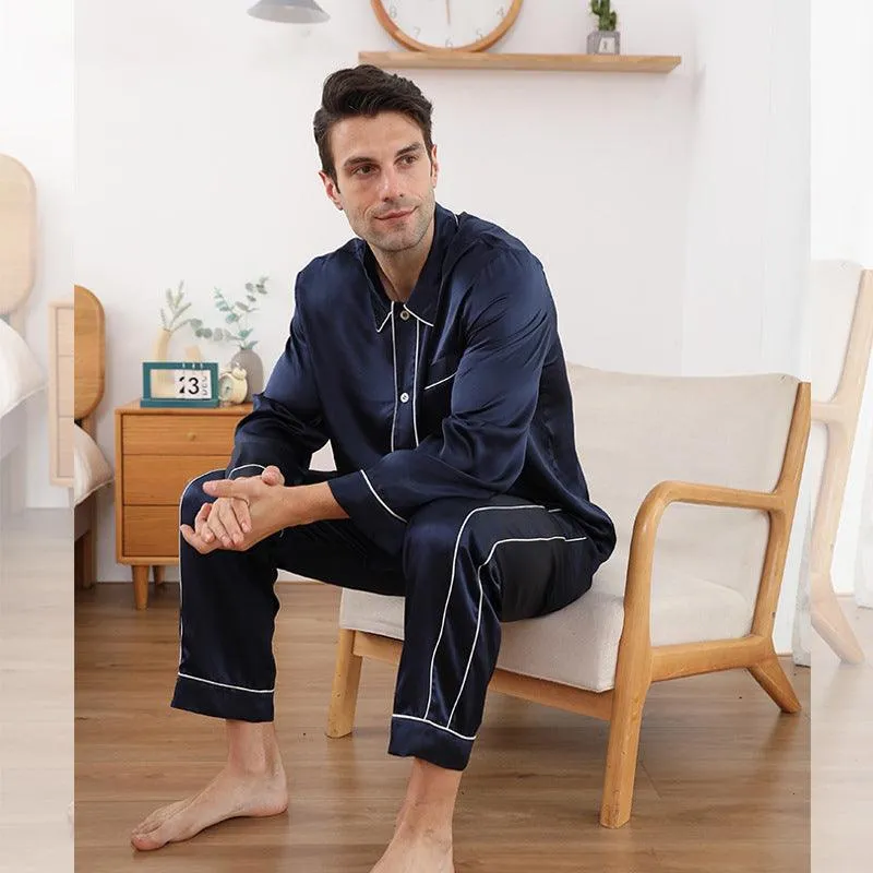 Mens Luxury Silk Pajamas Set Long Sleeves With White Piping Silk Nightwear Sleepwear