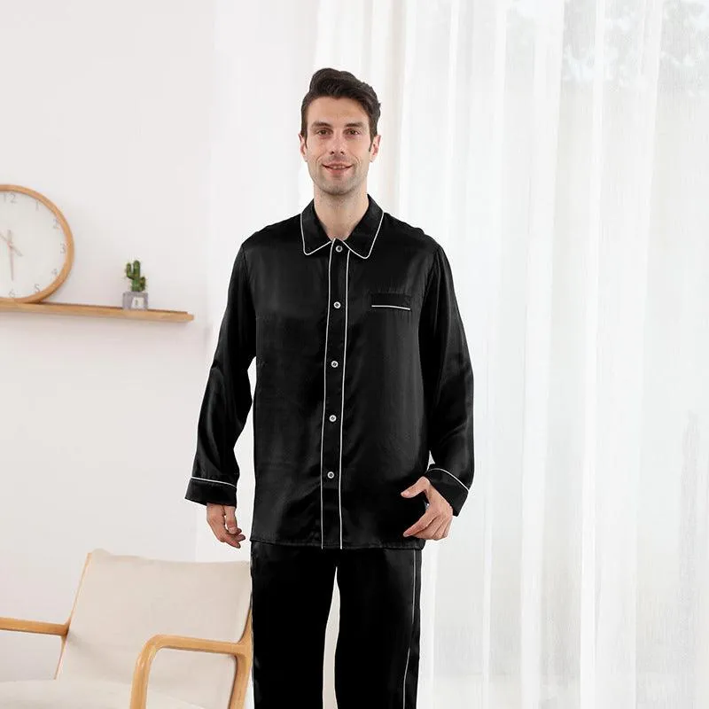 Mens Luxury Silk Pajamas Set Long Sleeves With White Piping Silk Nightwear Sleepwear