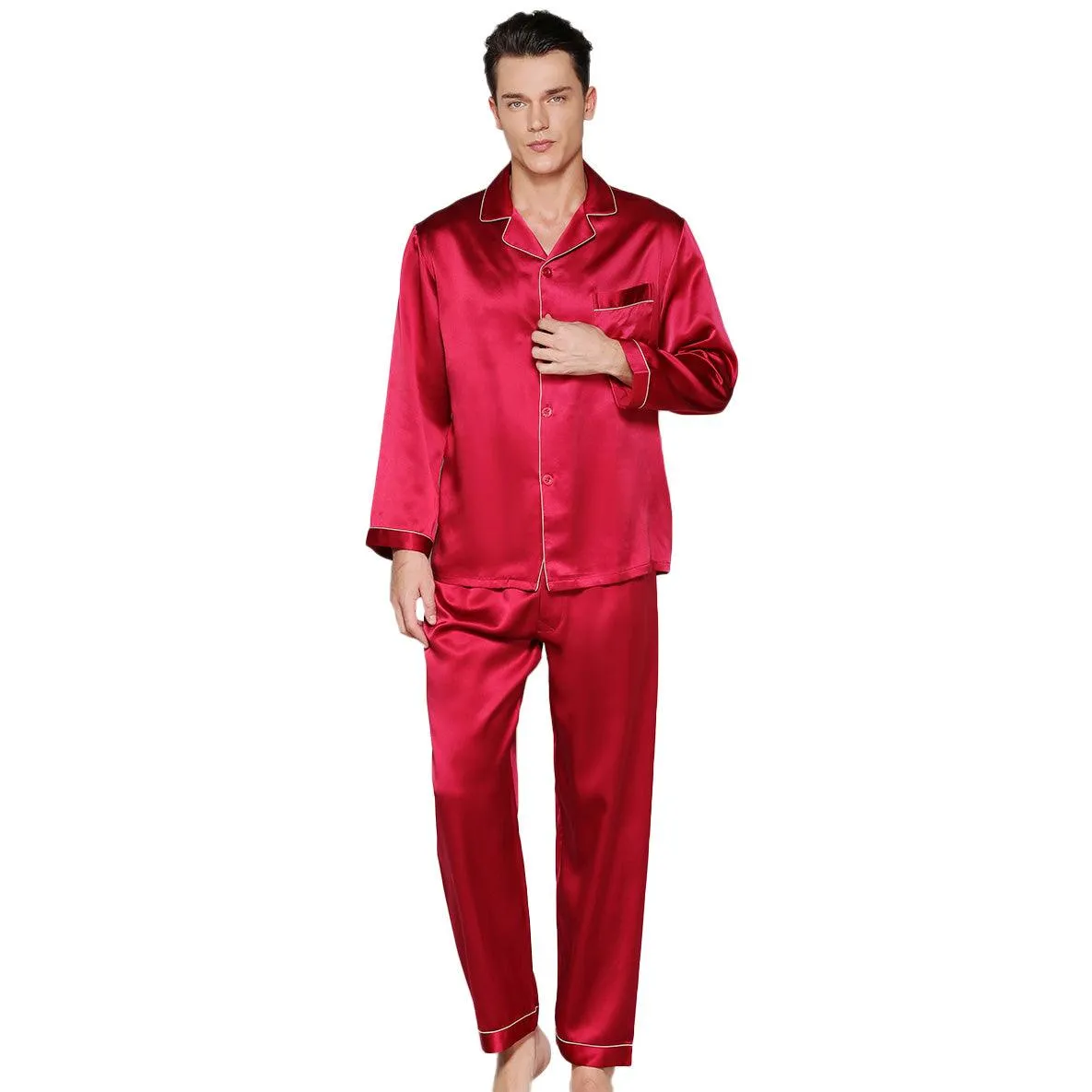 Men's Luxury Silk Sleepwear 100% Silk Sleeve Pajamas Set Long Silk Nightwear