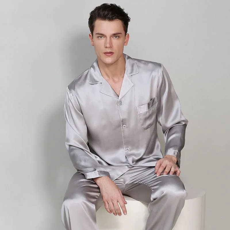 Men's Luxury Silk Sleepwear 100% Silk Sleeve Pajamas Set Long Silk Nightwear