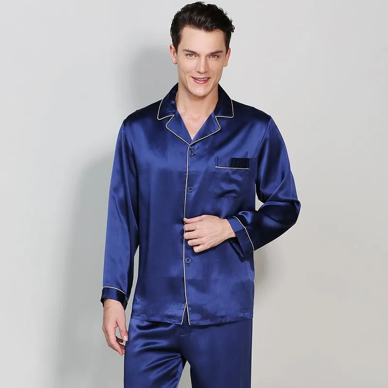 Men's Luxury Silk Sleepwear 100% Silk Sleeve Pajamas Set Long Silk Nightwear