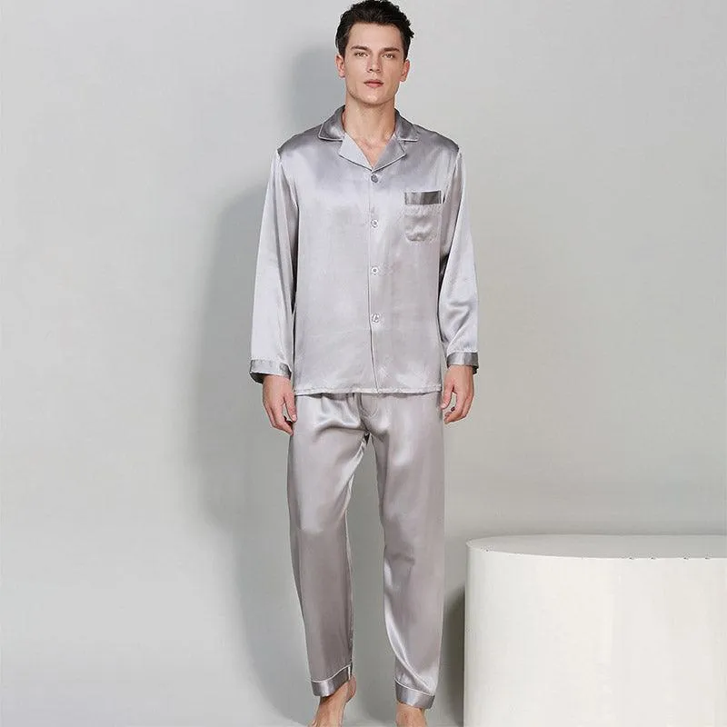 Men's Luxury Silk Sleepwear 100% Silk Sleeve Pajamas Set Long Silk Nightwear