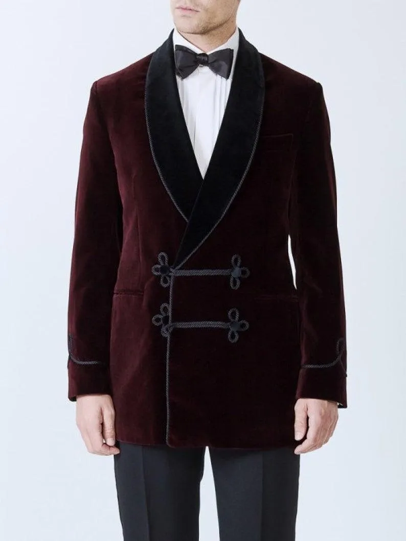 Mens Robes Jacket Burgundy Velvet Blazer Dinner Party Wear Blazer Jacket