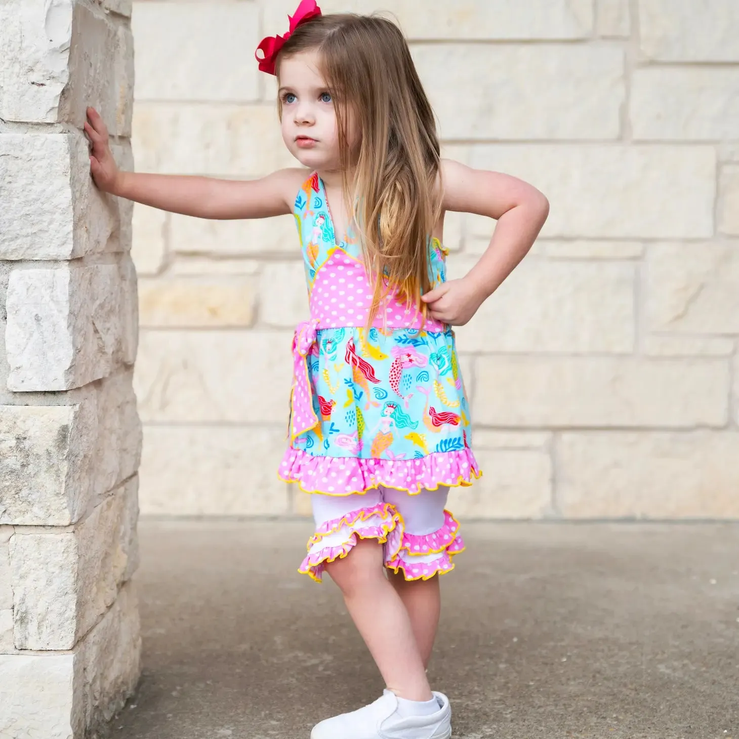 Mermaid Halter Dress & White Ruffle Shorts