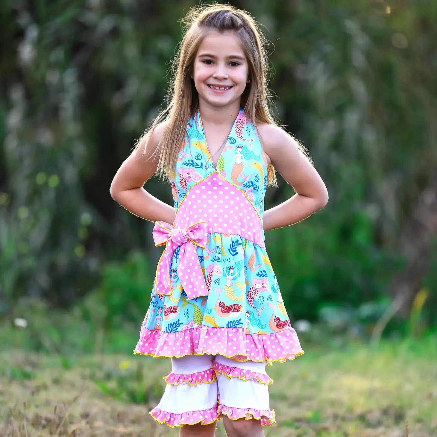 Mermaid Halter Dress & White Ruffle Shorts