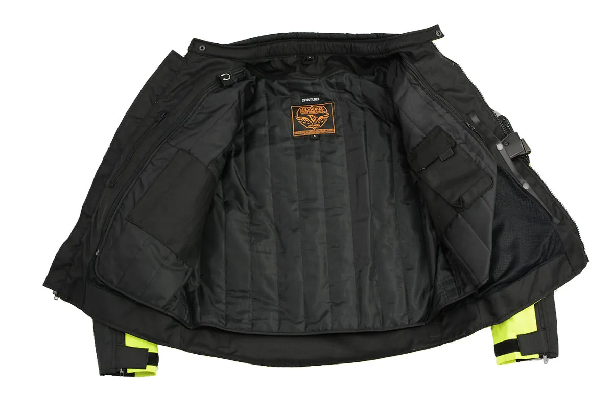 Milwaukee Leather MPM1794 High Vis Green Armored Mesh Racer Jacket with Reflective Piping for Men - All Season Jacket