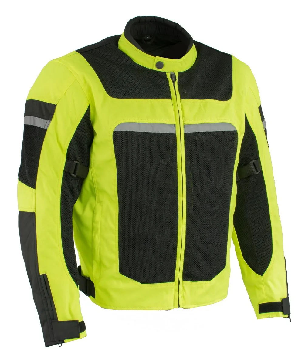 Milwaukee Leather MPM1794 High Vis Green Armored Mesh Racer Jacket with Reflective Piping for Men - All Season Jacket