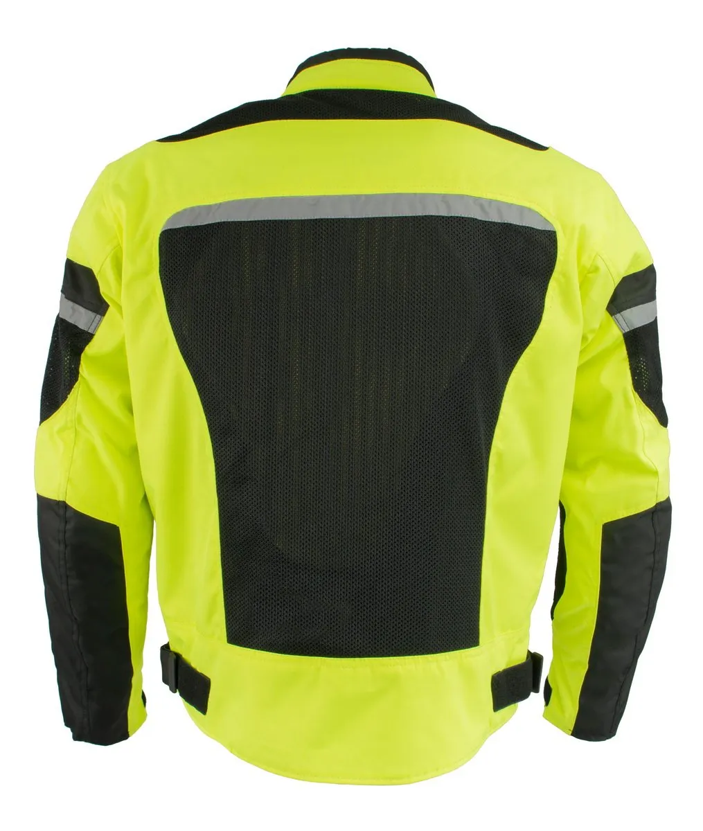 Milwaukee Leather MPM1794 High Vis Green Armored Mesh Racer Jacket with Reflective Piping for Men - All Season Jacket