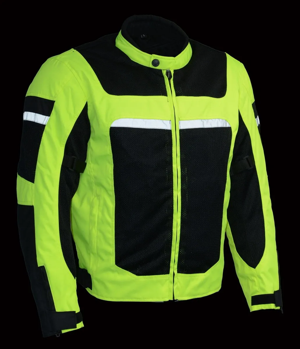 Milwaukee Leather MPM1794 High Vis Green Armored Mesh Racer Jacket with Reflective Piping for Men - All Season Jacket