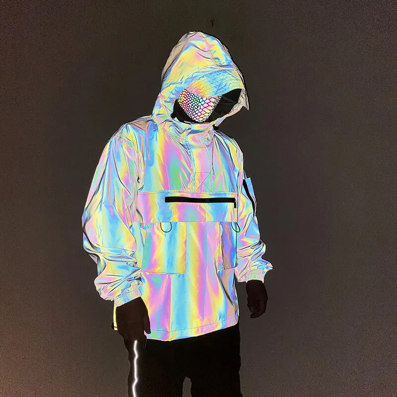 Multi-Pocket Colorful Reflective Polyester Hooded Jacket