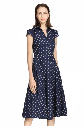 Navy Beige Polka Dot Collared Vintage Dress