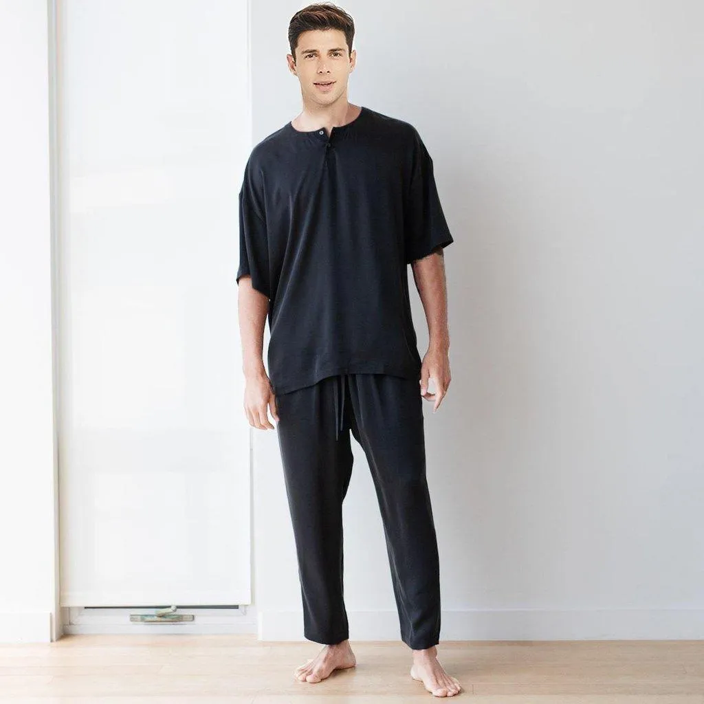 O Neck Men's Short Sleeve Silk Pajamas Simple Crew Short Silk Pajama Set