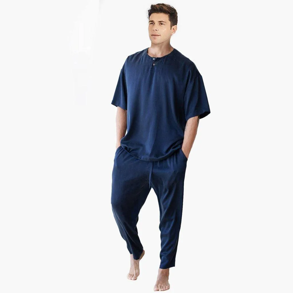 O Neck Men's Short Sleeve Silk Pajamas Simple Crew Short Silk Pajama Set