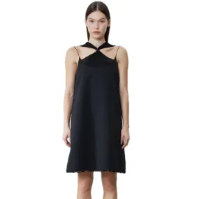 Pintucked Beaded Tie Dress in Black