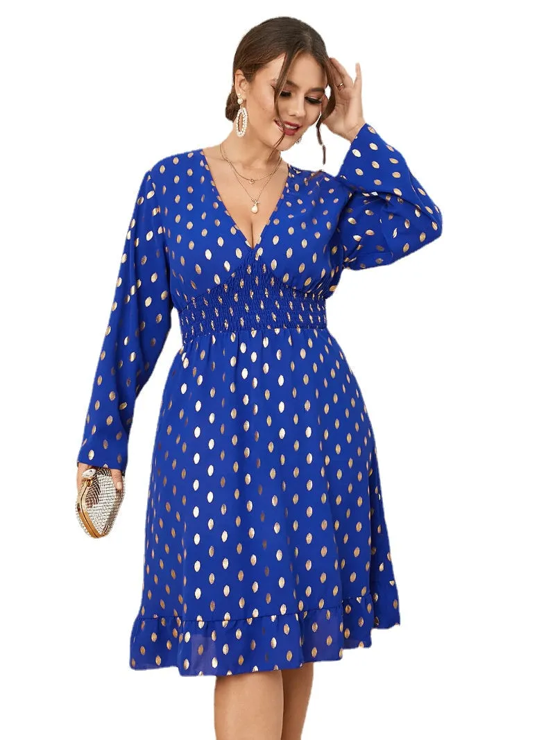 Plus Size V Neck Polka Dot Shirring Long Sleeves Dress