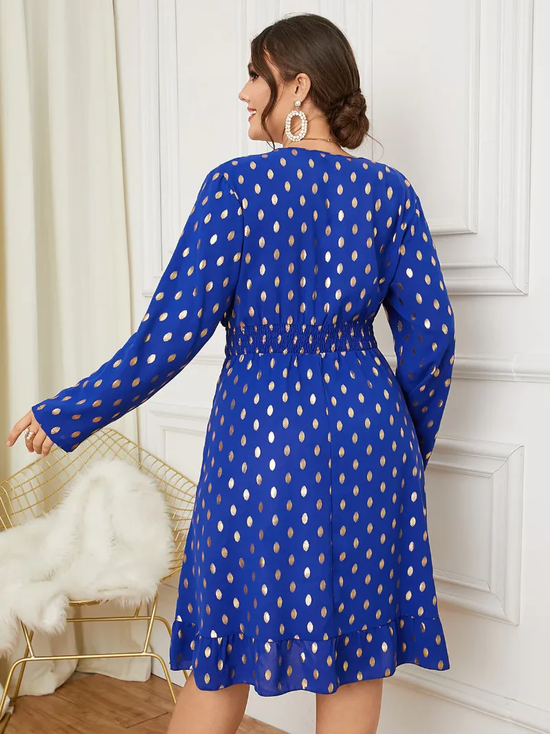 Plus Size V Neck Polka Dot Shirring Long Sleeves Dress