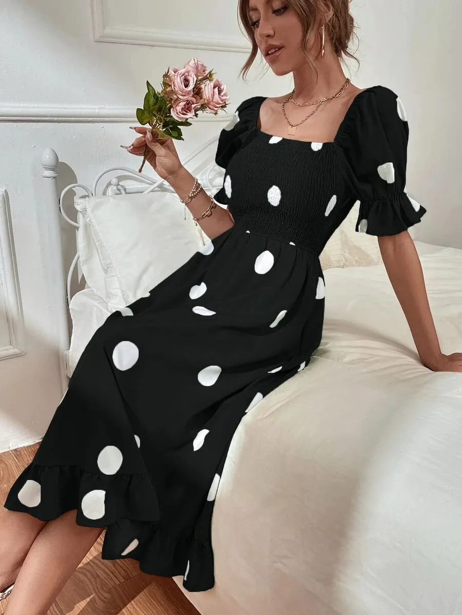 Polka Dot Print Square Neck Puff Sleeve Ruffle Midi Dress Wholesale Dresses