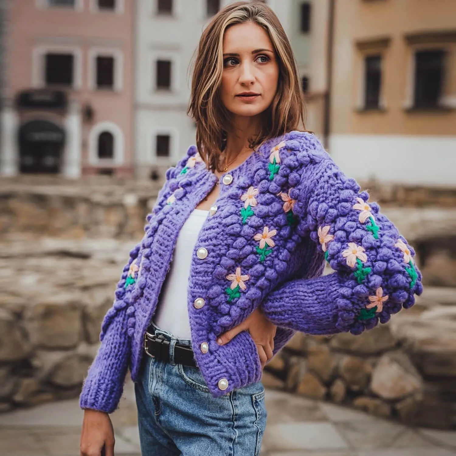 Pretty Floral Embroidered Popcorn Chunky Hand Knit Mohair Blend Cardigan