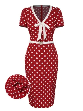 Red 1960s Polka Dots Tie Neck Dress