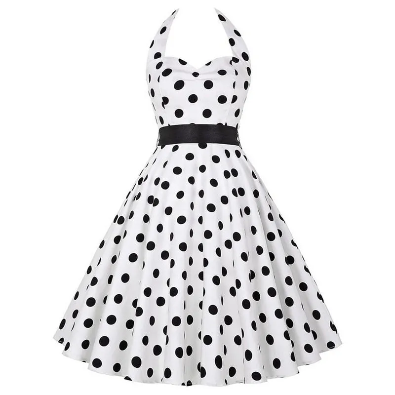 Retro White Polka Dot Dress Audrey Hepburn Vintage Halter Party Dress 50s 60s Pin Up Rockabilly Dress  Robe