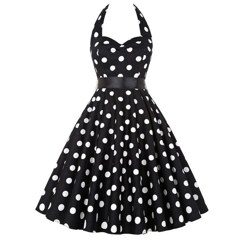 Retro White Polka Dot Dress Audrey Hepburn Vintage Halter Party Dress 50s 60s Pin Up Rockabilly Dress  Robe